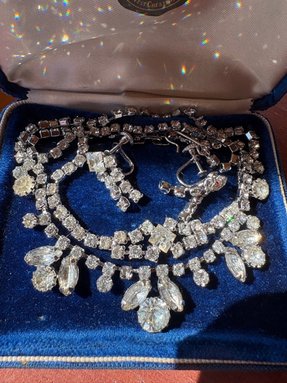 Estate Fancy Glamour Clear Crystal Necklace Bracelet Earrings Set Vintage Box